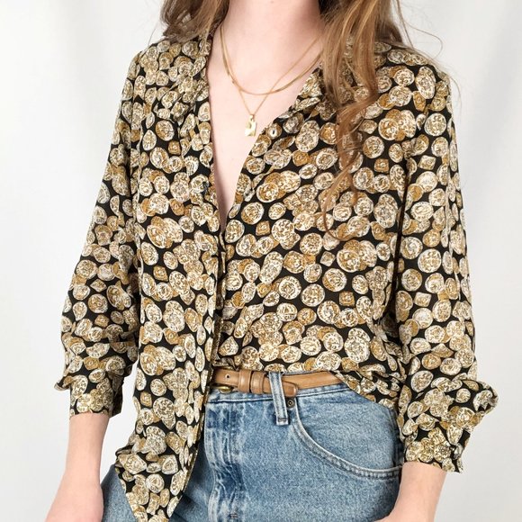 Stunning Vintage Oversized Archaeology Ancient Coin Print Button Up Blouse Shirt - Picture 4 of 6